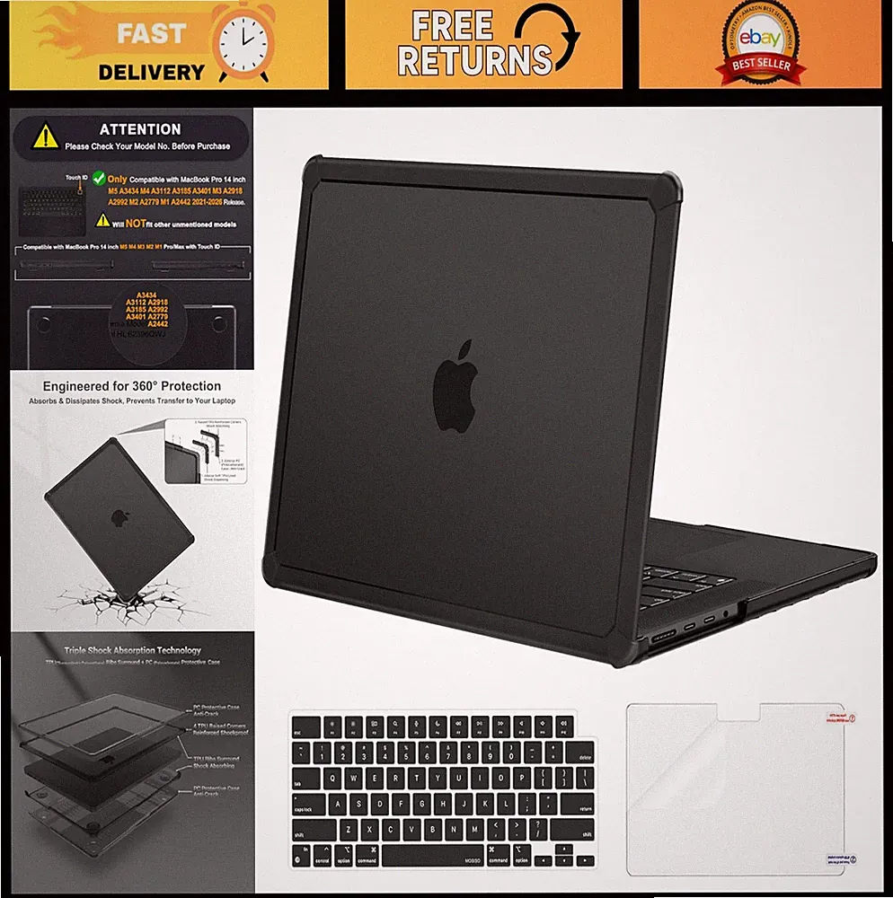 14" MacBook Pro Case - 3-in-1 Anti-Crack Hard Shell & TPU Bumper, Black