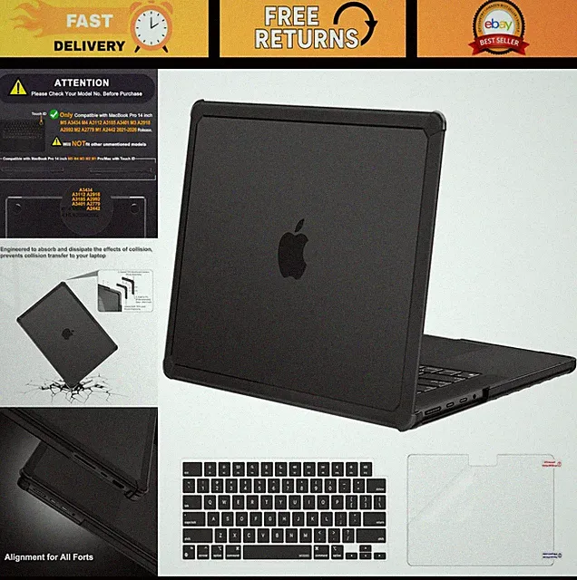 14" MacBook Pro Case - 3 in 1 Heavy Duty Hard Shell & TPU Bumper, Anti-Crack, Bl
