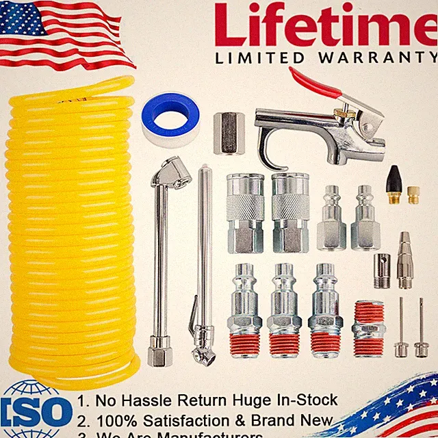 25 ft Recoil Poly Air Compressor Hose Accessories Tool Kit for Various Inflation