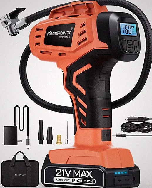 Cordless Tire Inflator, 21V Rechargeable Air Compressor for Cars & Bikes