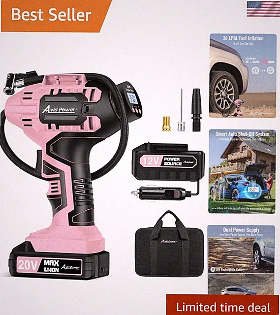 Effortless Tire Inflation: 20V Cordless Compressor with Digital Gauge & Nozzles