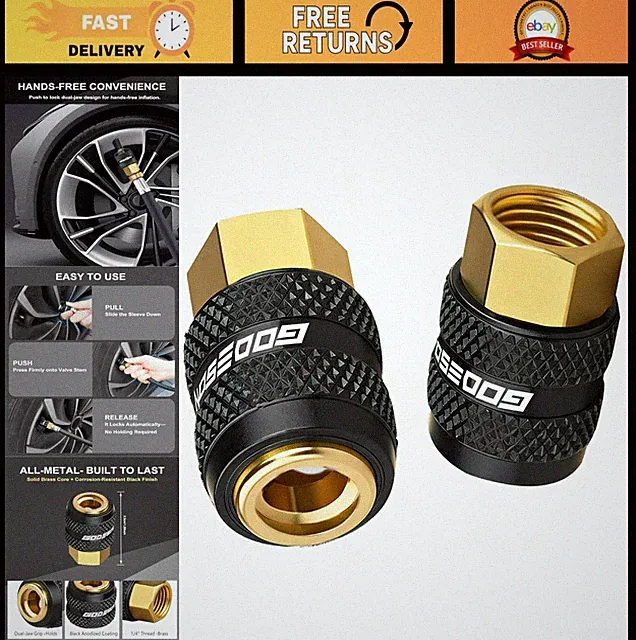Locking Air Chuck 1/4" FNPT Tire Inflator Nozzle for Cars & Bikes, No Leak, Pack