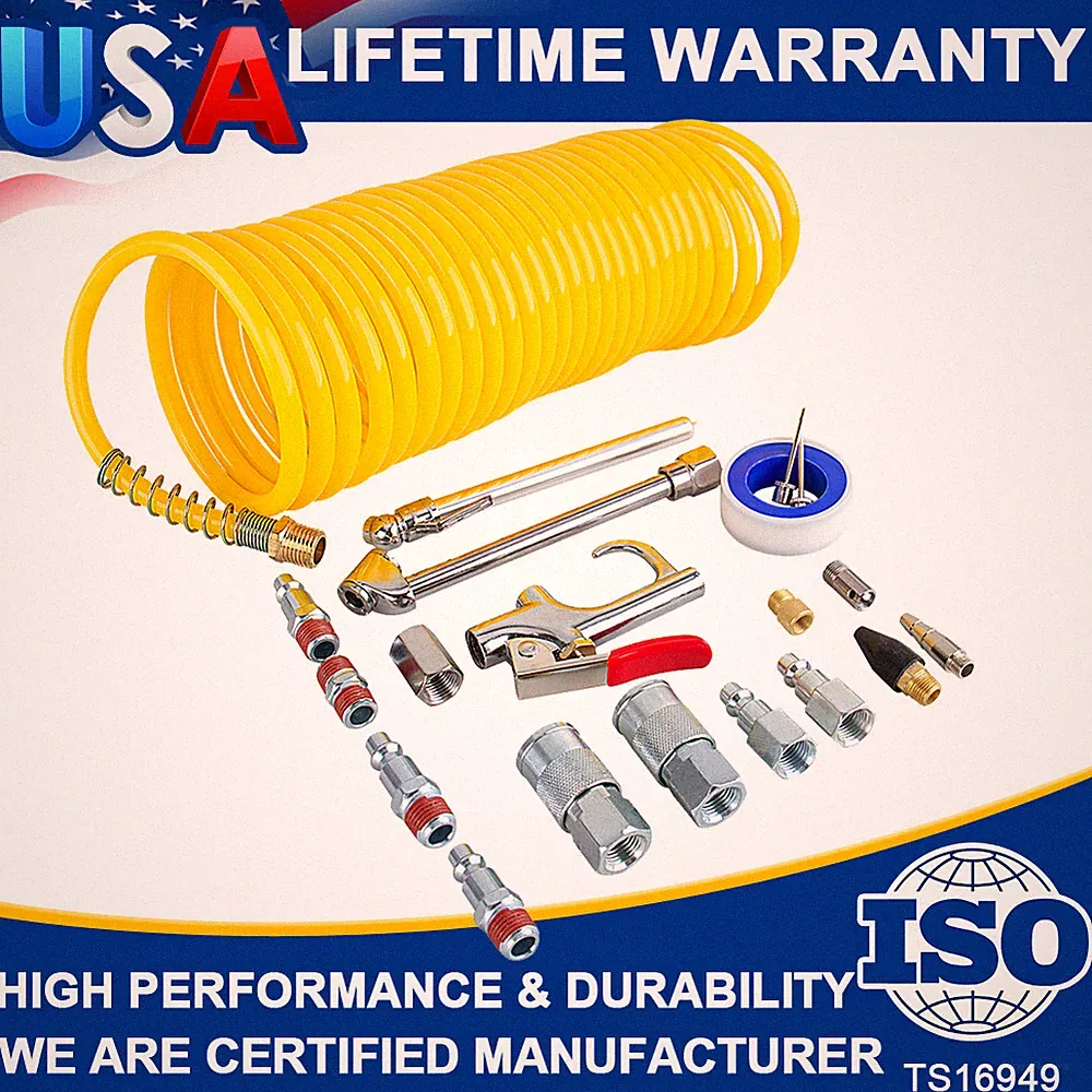 New 20pcs Air Compressor Accessory Kit 25Ft Recoil Hose Gun Nozzles Set 1/4" NPT